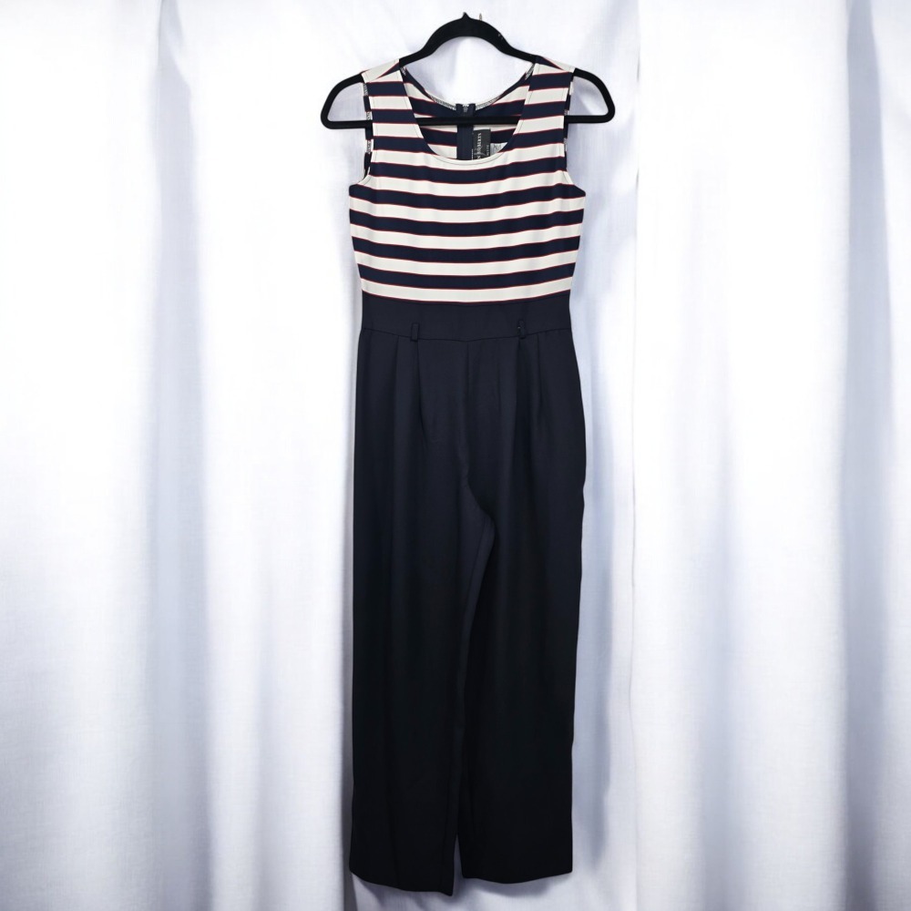John Roberts Striped Jumpsuit Petite Sleeveless Career Casual Size 4P Navy Blue